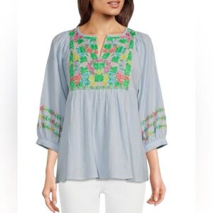 Tru Luxe Jeans Blue striped Embroidered split neck 100% Cotton Blouse Top XL